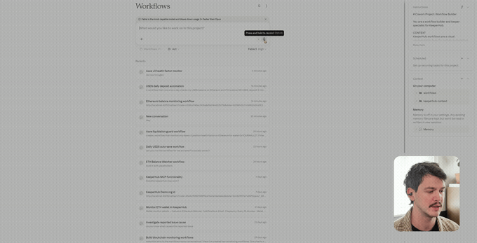 Prompting an agent to build a KeeperHub workflow from a plain-English description