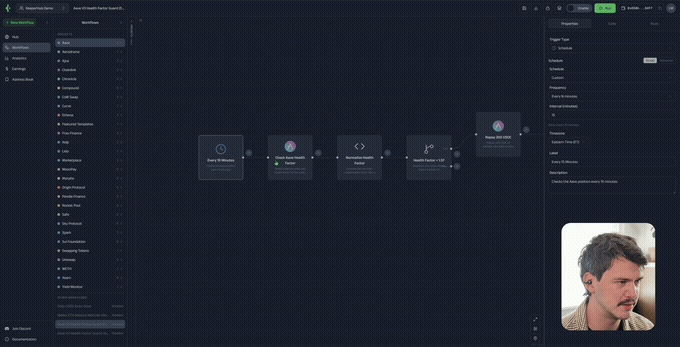 The agent-built Aave health factor guard workflow, live in KeeperHub with run history